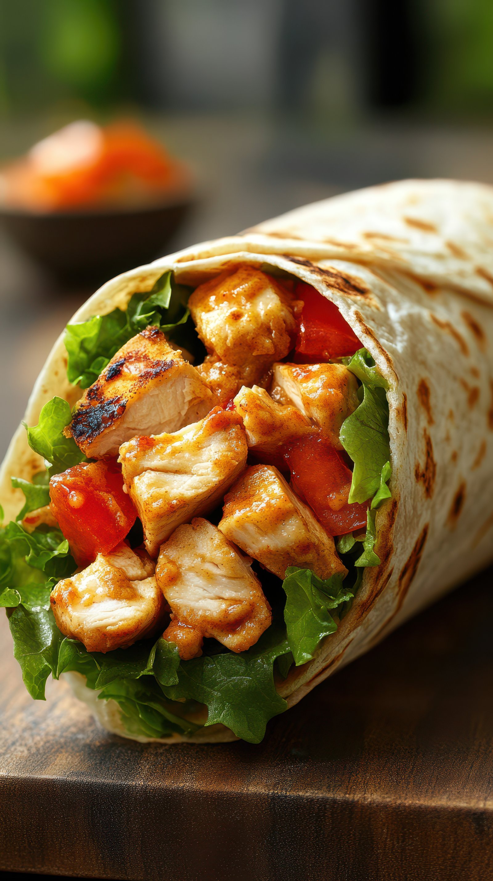 Flavorful chicken wrap with fresh vegetables prepared in a rustic setting